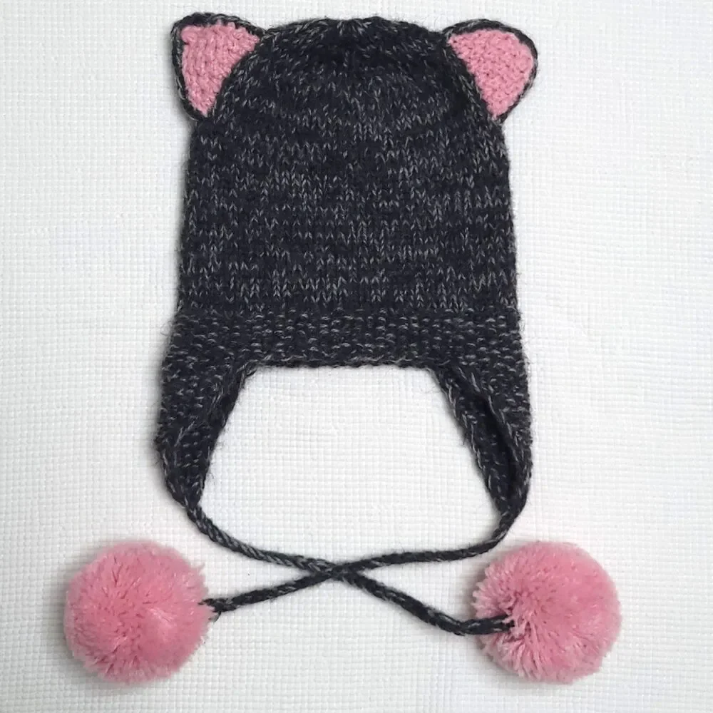 ANDES GIFTS Hand Knit Beanie Girls OS Gray Pink 17% Alpaca Artisan Pompoms